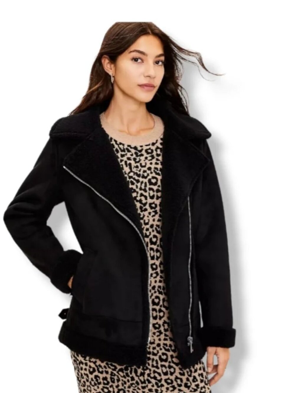 LOFT Aviator Moto Style Suede Coat with High Neck & Sherpa Trim